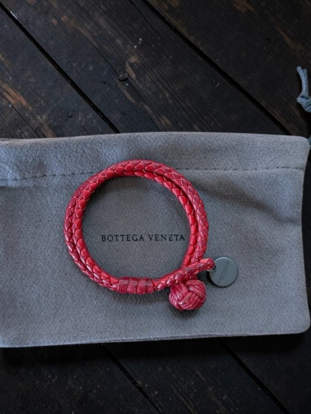 Authentic Bottega Veneta Mens Intrecciato Double Bracelet Red Lambskin Gunmetal